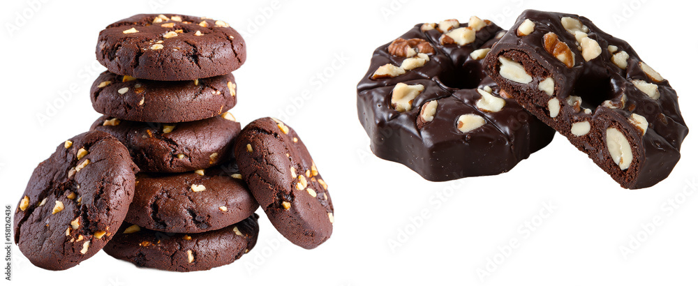Obraz premium Delicious chocolate cookies and almond chocolate candy on black background isolated transparent png