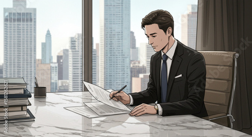 Focused businessman or executive in a suit signing documents at a desk in a modern high-rise office with a city view.