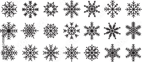 Collection of diverse black snowflake icons isolated on white background isolated on transparent background silhouette