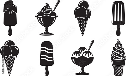 Collection of diverse ice cream desserts and popsicles in silhouette isolated on white background isolated on transparent background