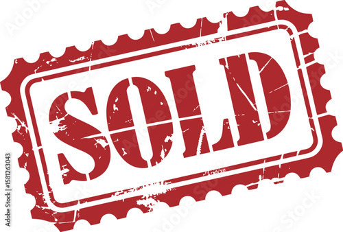 Red distressed grunge rubber stamp with the word sold in bold white letters