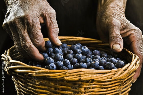Close Up Of Wrinkled Hands Sorting Blueberries In A Basket