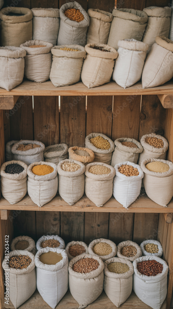 Fototapeta premium Variety of grains and legumes stored in burlap sacks on wooden shelves