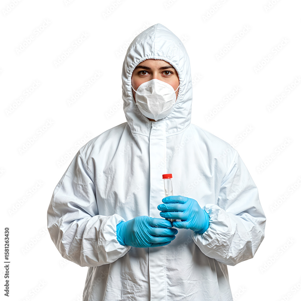 A scientist in a hazmat suit holding a sample container Focus on safety and research Isolated on white for versatility A scientist in a hazmat suit holding a sample container Focus on safety and research Isolated on white for versatility