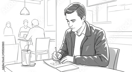 A hand-drawn black and white sketch of a focused man writing in a notebook while sitting at a table in a busy cafe.