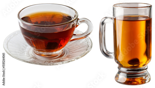 Closeup of steaming hot tea in glass cup with matching saucer and tall glass mug on black background, warm amber and deep brown tones creating inviting cozy atmosphere isolated transparent png