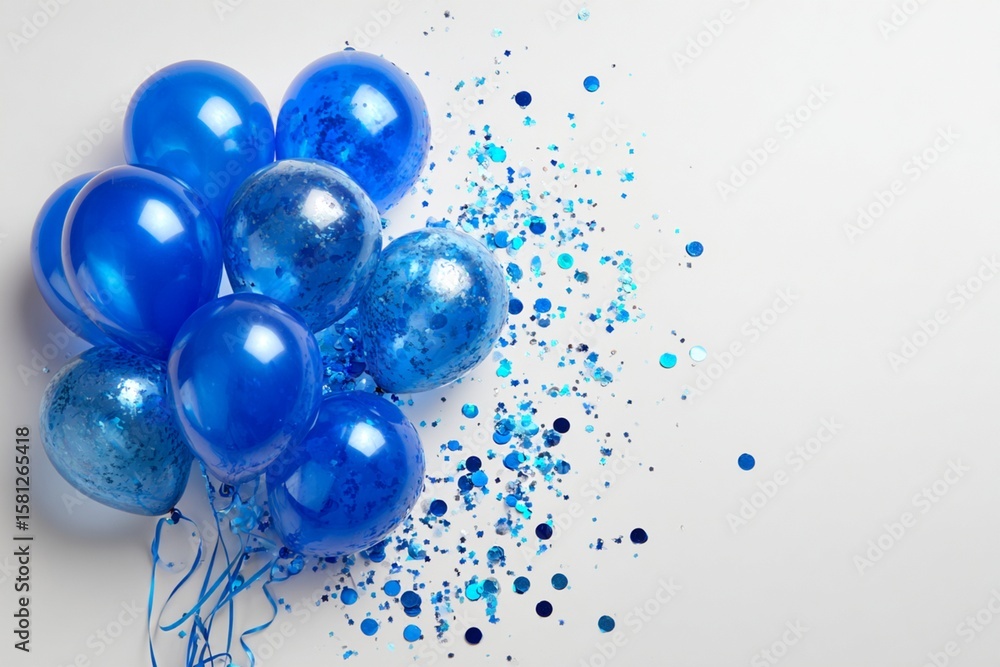 Naklejka premium Blue Celebration Balloons on Detached White Background with Confetti for Party and Festive Occasions