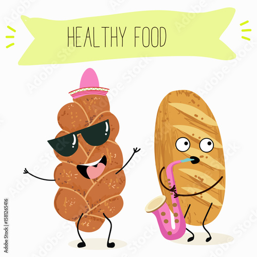 Baked food funny characters, hand drawn vector illustration.