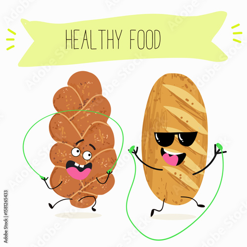 Baked food funny characters, hand drawn vector illustration.