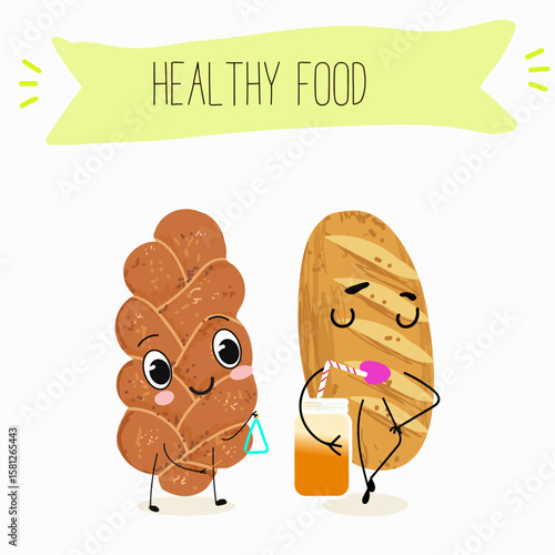 Baked food funny characters, hand drawn vector illustration.
