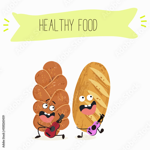Baked food funny characters, hand drawn vector illustration.