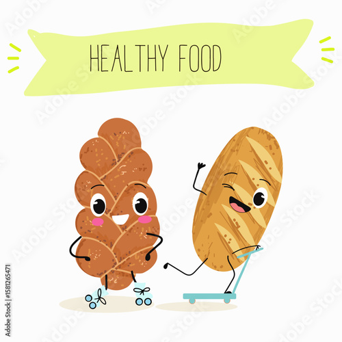 Baked food funny characters, hand drawn vector illustration.