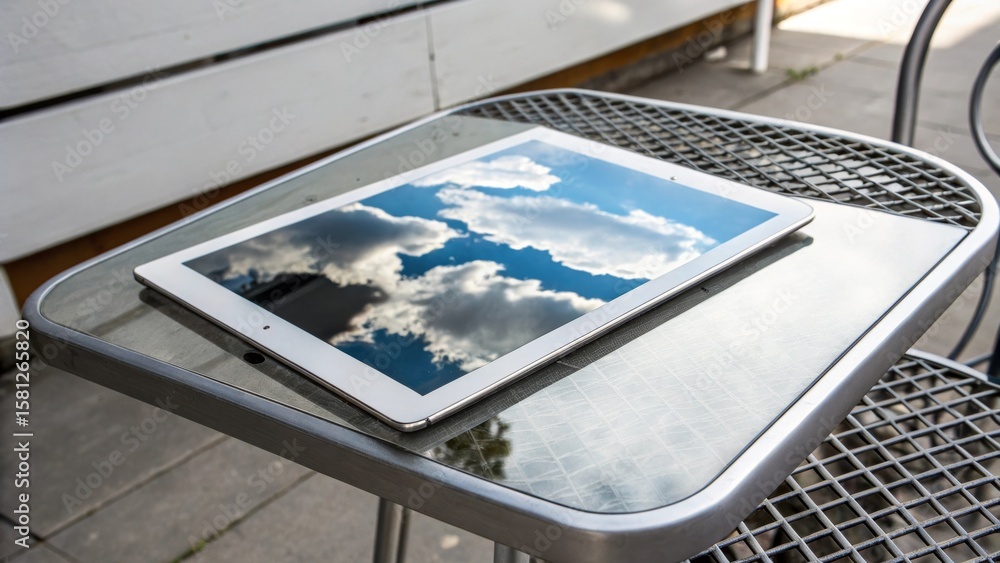 Fototapeta premium Cloud Reflections Digital Device Displaying Sky on Table, Representing Technology and Nature Integration