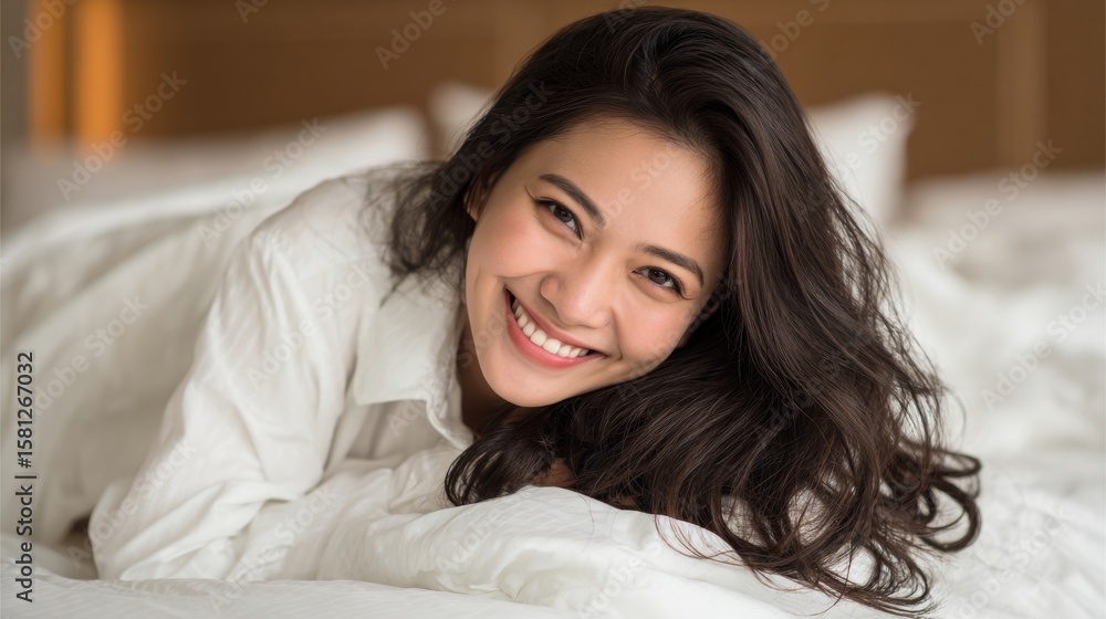 Young asian woman smiles lying comfortably in bed. Young asian woman smiles lying comfortably in bed.