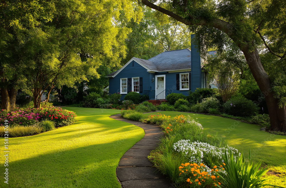 Fototapeta premium A beautiful home with a lush green lawn and trees, showcasing 