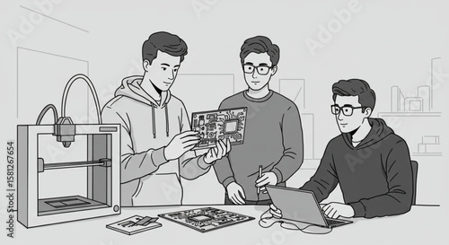 Collaborative engineering team examining a printed circuit board next to a 3D printer in a modern workshop