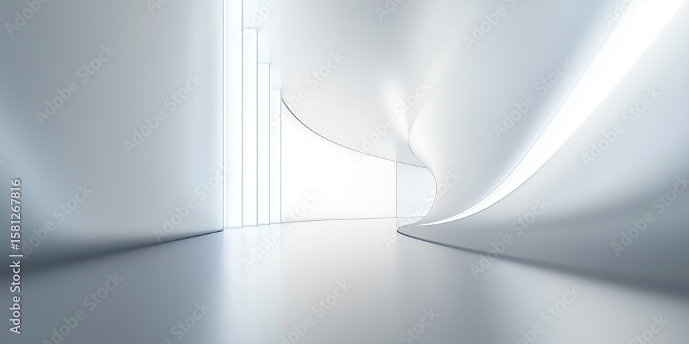 Fototapeta premium Futuristic abstract background. White and gray tone. Soft smooth of light, abstract shape, curve line, fade color gradient. Nobody empty space in modern room suit for future technology background.