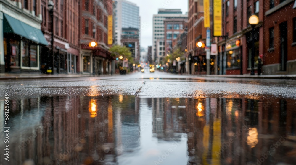 Fototapeta premium City street with reflections in puddles on a rainy day.