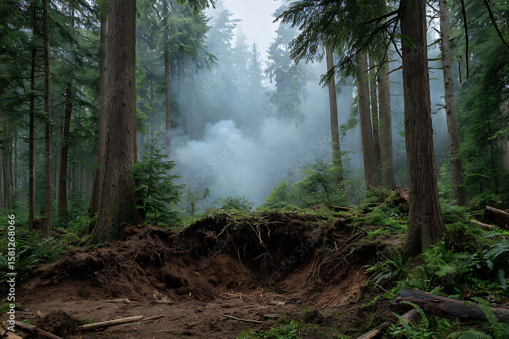 Obraz premium Misty Evergreen Forest Scene Uprooted Tree Dark Brown Soil Exposed Roots Foggy Atmosphere Green Undergrowth Tall Trees