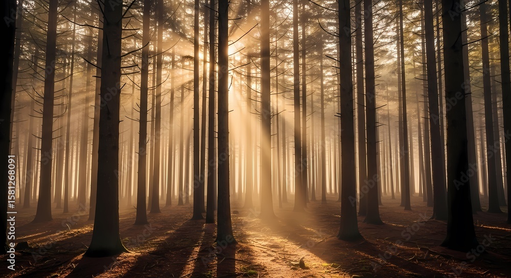 Obraz premium Sunlight filtering through the trees in a tranquil forest, creating an ethereal atmosphere. The sunbeams illuminate the space, adding to the beauty of the moment.