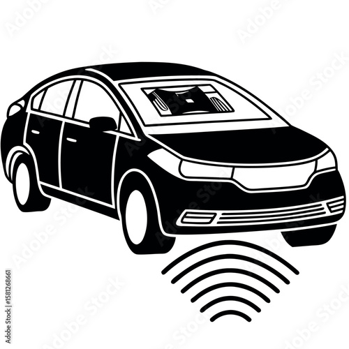 Autonomous self driving car featuring radar signal icon for technology and transportation