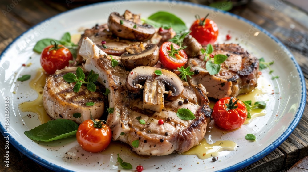 Grilled pork chops with mushrooms and cherry tomatoes. The dish is served on a white plate drizzled with olive oil and sprinkled with herbs. Grilled pork chops with mushrooms and cherry tomatoes. The dish is served on a white plate drizzled with olive oil and sprinkled with herbs.