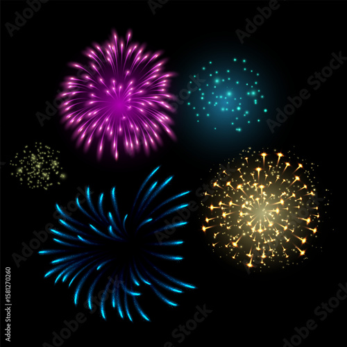 Fireworks salute with shining sparks, vector colorful festive firecracker burst, bright pyrotechnic shimmering explosion