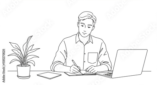 Line art illustration of a young man working at a desk with a laptop and writing in a notebook. Concept of study and business.
