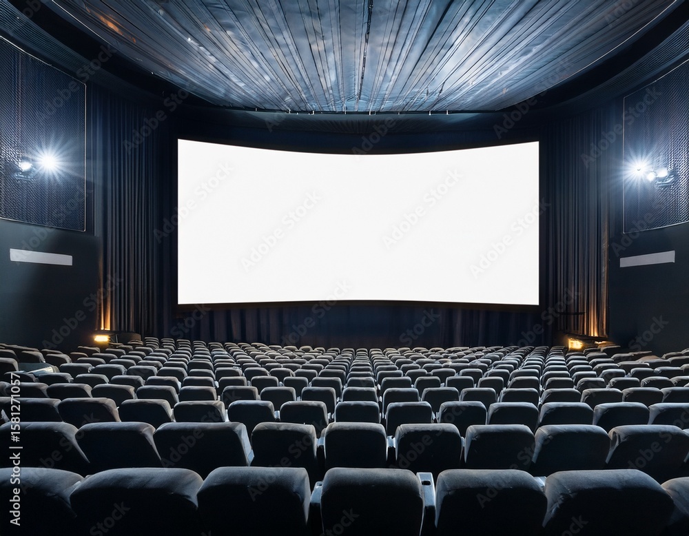Fototapeta premium blank white movie screen in dimly lit cinema with plush rows of seats perfect for film advertising theater branding or cinematic ui mockups