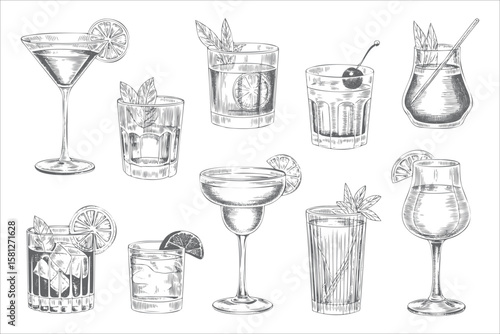 Vintage hand drawn cocktail glass set with citrus garnish and straws. Engraving style drink Vector illustration.