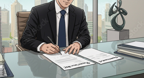 Professional businessman in a suit signing a legal contract at a desk in a modern high-rise office with a city view. Corporate deal illustration.
