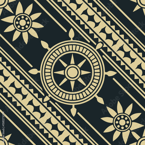Decorative geometric pattern with floral and wheel elements in modern neutral color scheme