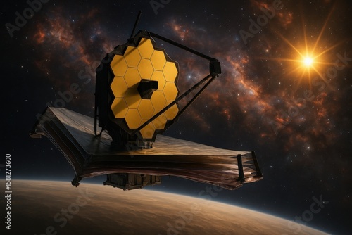 Space telescope orbiting distant planet under bright starry sky