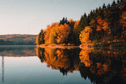Fototapeta Naklejka Na Ścianę i Meble -  A serene autumn landscape featuring a tranquil lake reflecting the vibrant colors of the surrounding forest with orange and yellow foliage.