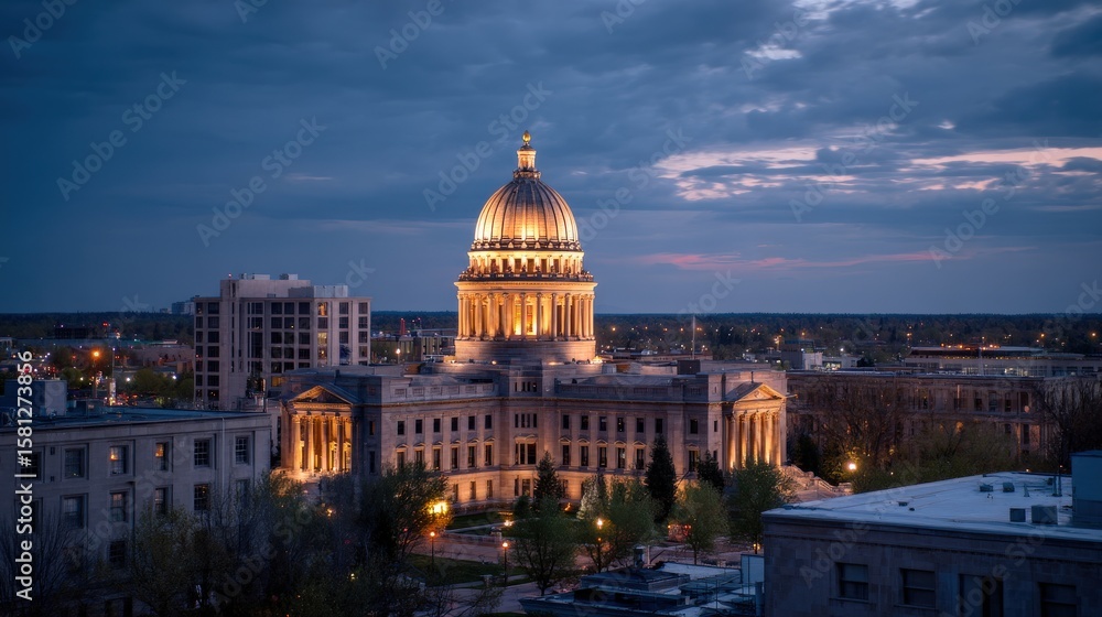 Fototapeta premium Golden hour illuminates the Wisconsin State Capitol building, a majestic landmark against the twilight sky.