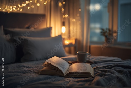 A cozy bedroom scene featuring an open book on a bed with soft lighting and a warm atmosphere.