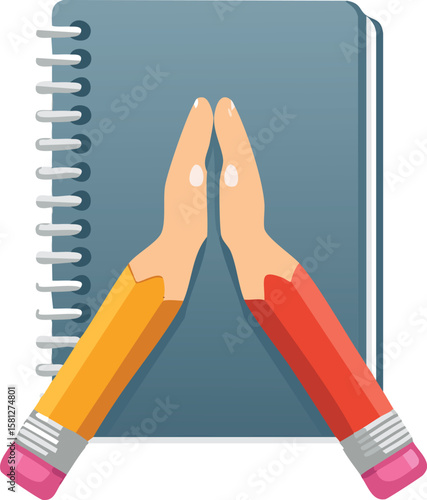 Notebook and Pencil Giving a High-Five Cartoon Illustration