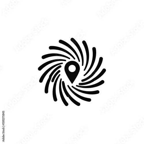 Abstract Location Pin Icon Surrounded by Swirling Lines in Black and White