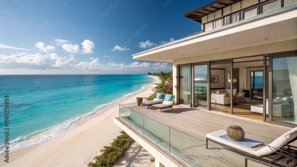 Fototapeta premium Luxury Beach Villa Overlooking Sapphire Ocean Waters and White Sand Beaches