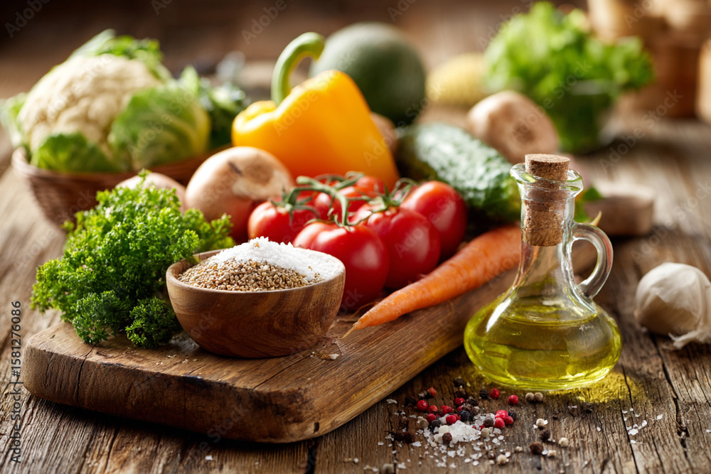 Healthy food ingredients on wooden kitchen table Healthy food ingredients on wooden kitchen table
