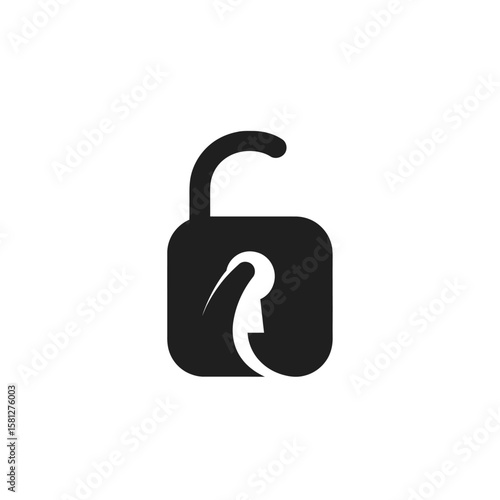 Stylized black padlock icon with an open shackle and a unique keyhole design.