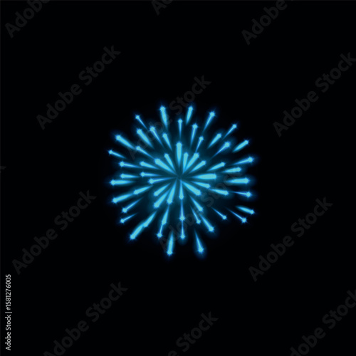 Glowing neon blue fireworks explosion on black isolated background.