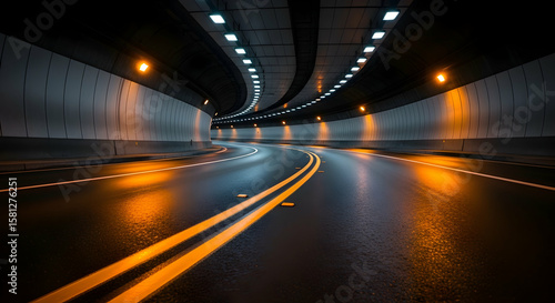 Illuminated Perspective View Of Road Tunnel With Yellow Lines Perspective View