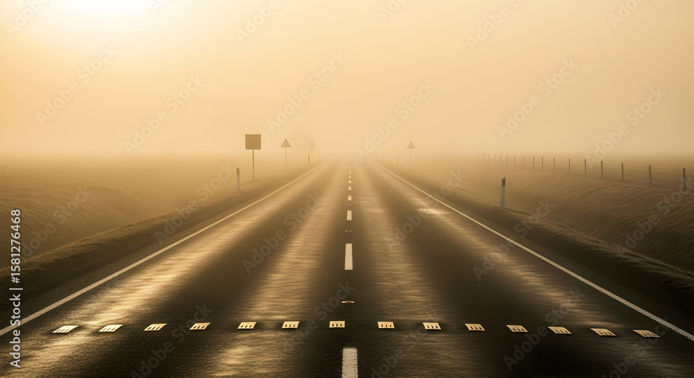 Obraz premium Golden Hour Haze: Empty Road Leading into Distance During Atmospheric Morning