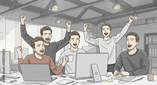 Enthusiastic business team cheering with excitement over a project success at their computer workstations