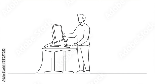 Continuous line drawing of a professional man at a standing desk computer workstation. Concept for business ergonomics and healthy office lifestyle.