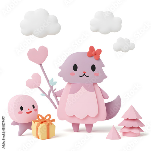 Whimsical Friendship: A delightful scene unfolds with charming cartoon characters, an embrace of joy, love, and sweetness, with gift of love and flowers.