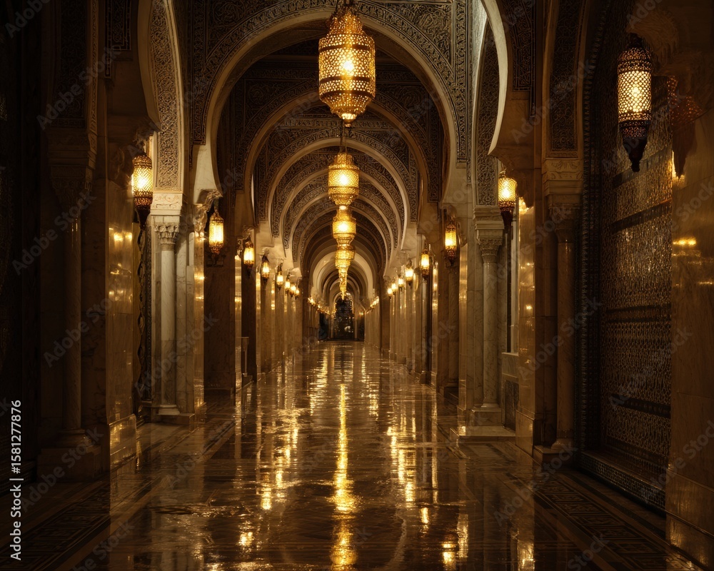 Obraz premium A long, ornate hallway with warm lighting and intricate details. The polished floor reflects the golden light, creating a beautiful ambiance.