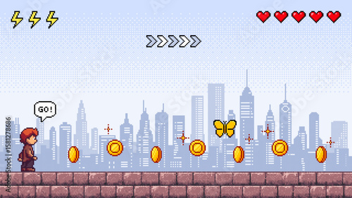 A boy playing a pixel art video game, walking on brick platform with a city background. Retro style game for children.