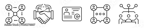 Conjunto de iconos de networking. Encuentros estratégicos. Conexión en red, alianza profesional, contactos, intercambio de ideas y comunicación. Ilustración vectorial 